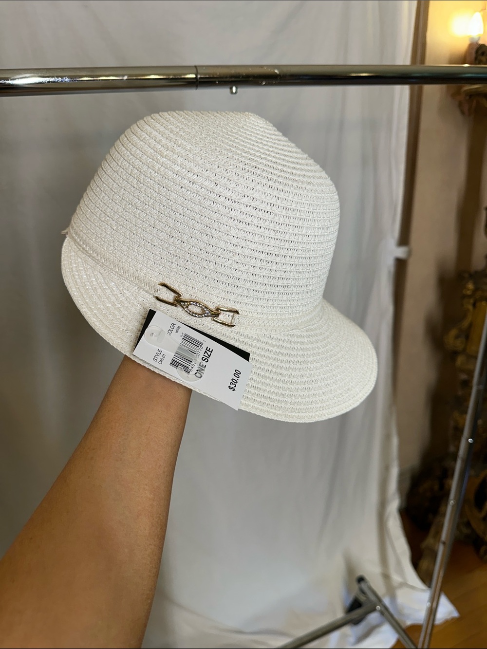 Women’s White Straw Cloche Hat with Gold Chain Accent